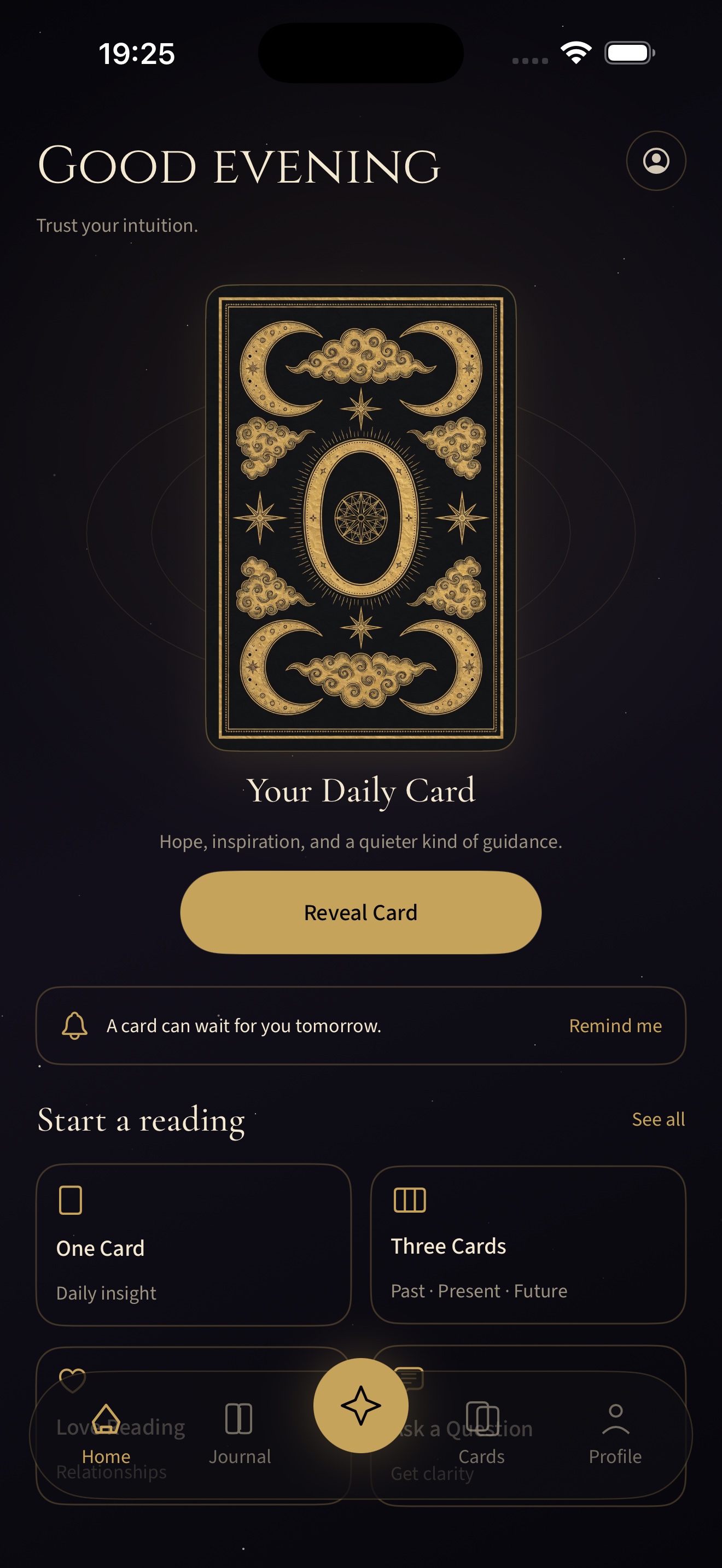 The daily card home screen in The Fool