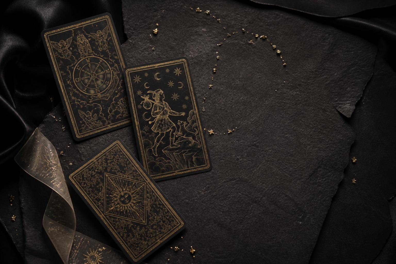 Three black and gold tarot cards arranged on textured paper
